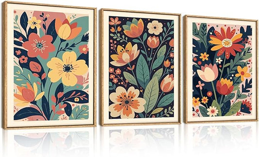 KAIRNE Vintage Colorful Floral Framed Canvas Wall Art Set,Mid Century Modern Flower Wall Decor,Retro Wildflower Art Prints,Boho Botanical Artwork for Living Room,Bedroom,Farmhouse,Office-12 x16 x3