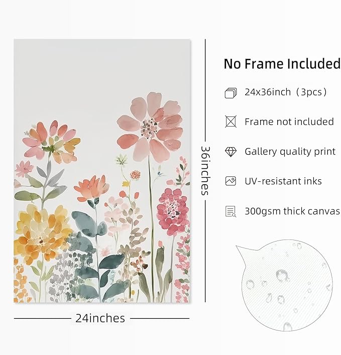 Watercolor Wildflower Wall Art Decor Colorful Flower Pictures Canvas Floral Botanical Wall Art Vintage Prints Poster Floral Painting Artwork for Living Room Bedroom 24x36 Inch Unframed Set of 3