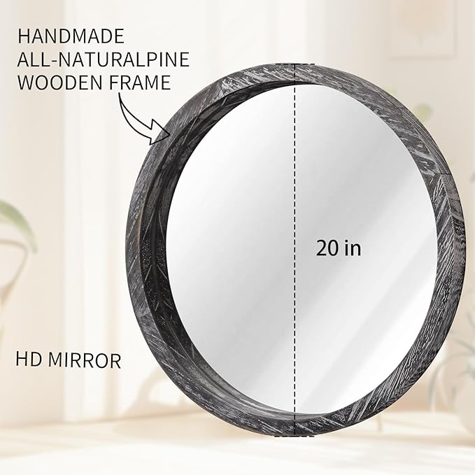 JJUUYOU Round Wall Mirror Large Circular Wall Mounted Mirror for Bathroom Circle Mirror for Decor Wooden Make up Mirror for Farmhouse Living Room Bedroom 20Inch