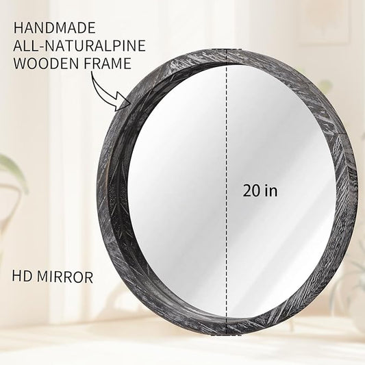 JJUUYOU Round Wall Mirror Large Circular Wall Mounted Mirror for Bathroom Circle Mirror for Decor Wooden Make up Mirror for Farmhouse Living Room Bedroom 20Inch