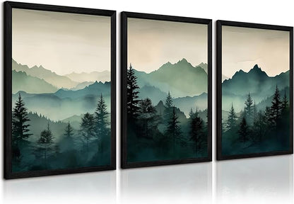 Mountain Wall Art Decor Set of 3 Sage Green Forest Canvas Wall Art Prints Nature Landscape Wall Decor Watercolor Pine Tree Pictures Abstract Modern Painting for Living Room Bedroom 12x16 Inch Framed