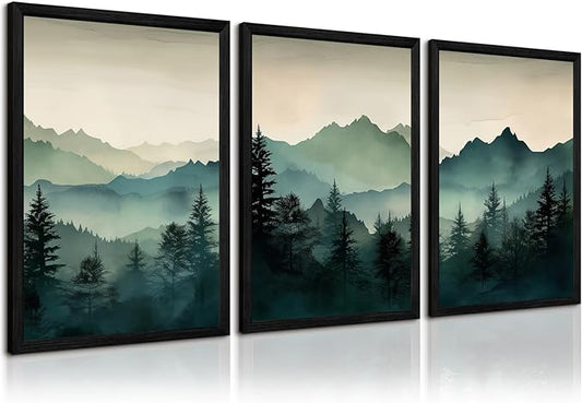 Mountain Wall Art Decor Set of 3 Sage Green Forest Canvas Wall Art Prints Nature Landscape Wall Decor Watercolor Pine Tree Pictures Abstract Modern Painting for Living Room Bedroom 12x16 Inch Framed