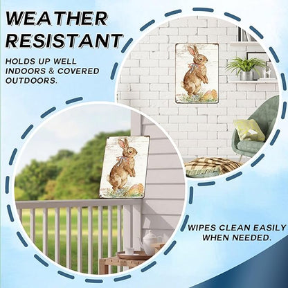 Happy Easter Bunny Metal Sign Spring Theme Rustic Tin Wall Art For Home Kitchen Garden Farmhouse Seasonal Decor 12x16Inch