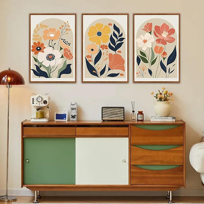 KAIRNE Boho Canvas Wall Art,Abstract Floral Wall Decor,Modern Minimalist Prints Set of 3(24”X36”),Botanical Wall Art Paintings,Bohemian Mid Century Artwork for Living Room Bedroom Office Decor,Framed