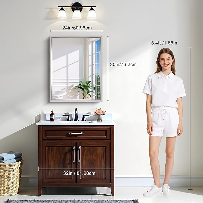 CIRCUMI 24"x30" Brushed Silver Mirror with Chunky Box Metal Frame, Bathroom Mirror for Vanity Remodel & New Home, Living Room, Entryway, Rectangular Wall Mirror, Tempered Glass, Vertical or Horizontal