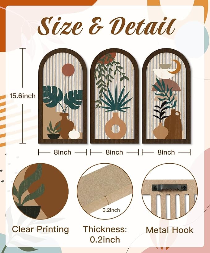 Putuo Decor Boho Wall Art, Abstract Botanical Room Decorations with Leaf & Sun Lines, Modern Minimalist Wooden Wall Decor 16x8 In Mid Century Artwork for Living Room Bedroom Office Set of 3
