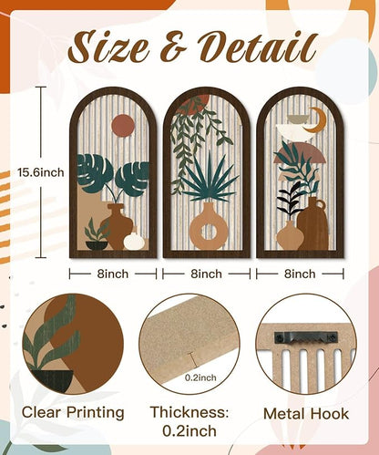 Putuo Decor Boho Wall Art, Abstract Botanical Room Decorations with Leaf & Sun Lines, Modern Minimalist Wooden Wall Decor 16x8 In Mid Century Artwork for Living Room Bedroom Office Set of 3