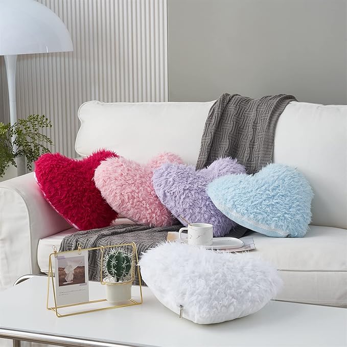 MOOWOO Pink Girl Heart Throw Pillow with Pillow Cover and Insert,Love Pillow，Valentines Day Decor, Shaggy Faux Fur Fluffy Pillow, Gift for Mothers,Girls (Pink,Heart Shape-15.7X15.7Inches)