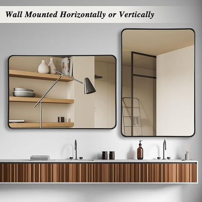 Anpark Wall Mirror 30" x 48" for Bathroom Black Metal Deep Frame Mirror for Wall Decorative Rectangular Round Corner Wall Mounted Vanity Mirror for Bedroom Living Room Entryway Wall Decor