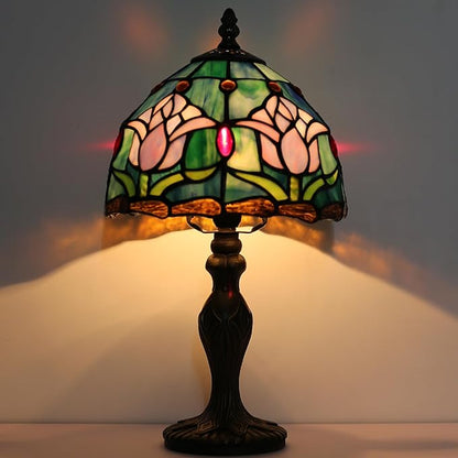 Tiffany Style Lamp Stained Glass Table Lamp 8" x 14.5" Mini Accent Light Pink Tulip Design Small Decorative Bedside Bedroom Living Room Memory Lamp