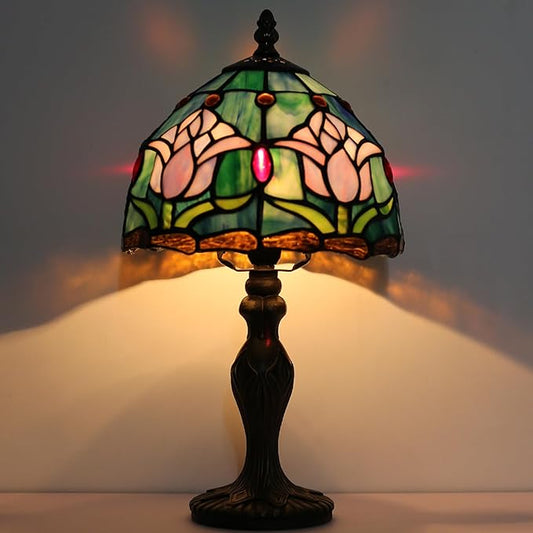 Tiffany Style Lamp Stained Glass Table Lamp 8" x 14.5" Mini Accent Light Pink Tulip Design Small Decorative Bedside Bedroom Living Room Memory Lamp