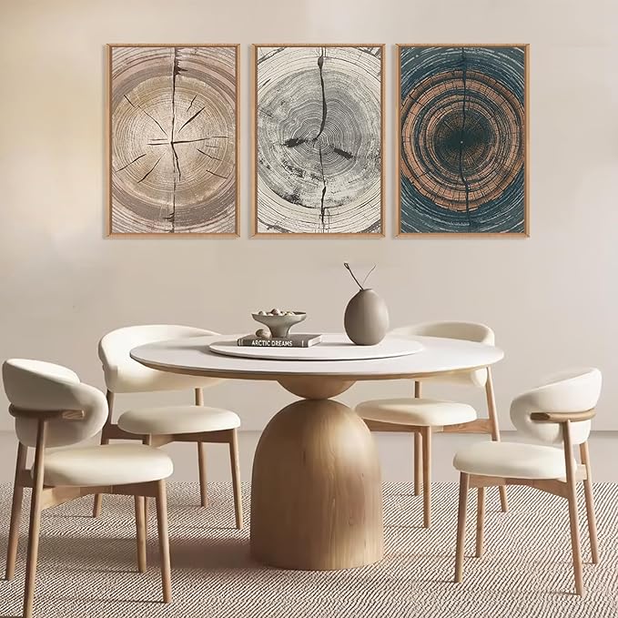 Vintage Beige Tan Tree Ring Framed Canvas Wall Art Set,Modern Neutral Gray Wood Stump Wall Decor,Rustic Wooden Tree Spiral Artwork for Living Room,Bedroom,Farmhouse-24 x36 x3