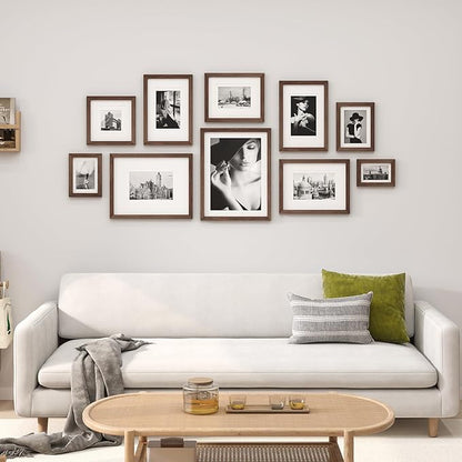 Egofine 8x8 Picture Frames Made of Solid Wood with Plexiglass, Display Pictures 4x4/6x6 with Mat or 8x8 Without Mat Set of 4 for Tabletop and Wall Mounting, Brown