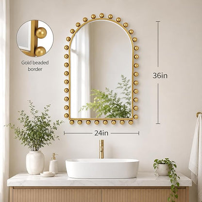 24x36 Inch Arched Wall Mirror with Antique Gold Ball Frame, Beveled Arched Decorative Wall Mirror, Vintage Gold Accent Mirror for Living Room, Entryway, Bedroom, Hallway & Over Console Decor