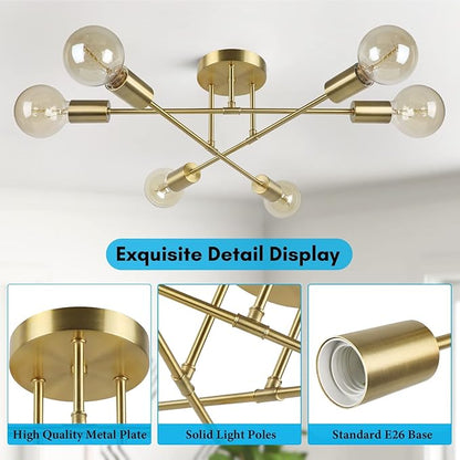 Modern Sputnik Chandelier 6-Light Industrial Ceiling Lights Fixture 22" Gold Semi Flush Mount Ceiling Light with E26 Base Sputnik Lights Fixture for Dining Room Bedroom Foyer Hallway Living Room