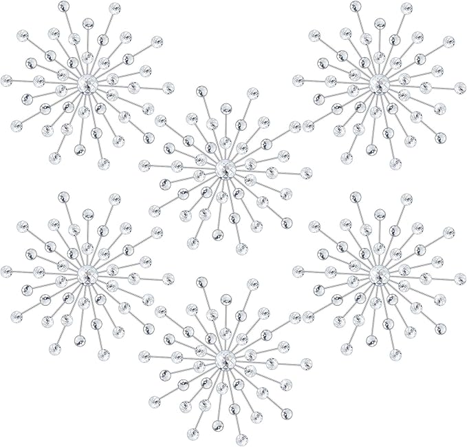 Barydat 6 Pcs Metal Starburst Wall Decor Bling Crystal Wall Art Rhinestone Sunburst Home Decoration No Punch Starburst Hanging Diamond Accents for Living Room Bedroom(25cm,Silver)