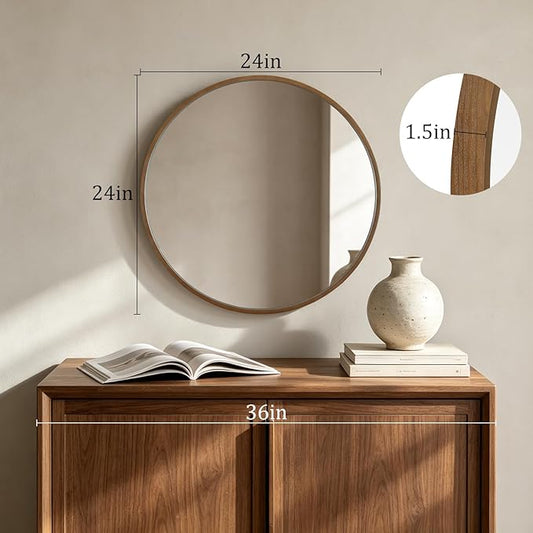 HOMECOOKIN Round Wood Mirror 24 inch Circle Mirror, Rustic Farmhouse Wooden Framed Decorative Wall Decor, Vanity Wall Mirror for Bathroom, Bedroom, Entryway, Living Room (Walnut)