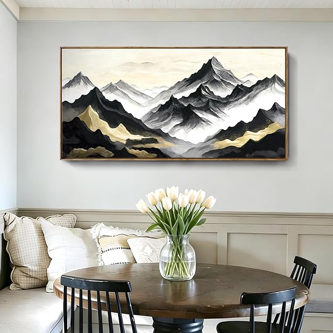 Large Framed Contemporary Black White And Gold Living Room Wall Art, Canvas Print Of Landscape Mountains; Unique Abstract Natural Artwork For Bedrooms, Offices, Studies, Entryways, And Living Rooms. 48X24 Inches.