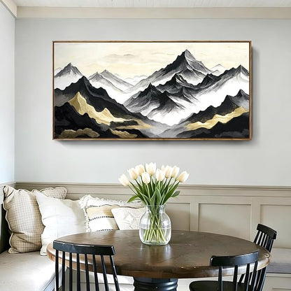 Large Framed Contemporary Black White And Gold Living Room Wall Art, Canvas Print Of Landscape Mountains; Unique Abstract Natural Artwork For Bedrooms, Offices, Studies, Entryways, And Living Rooms. 48X24 Inches.