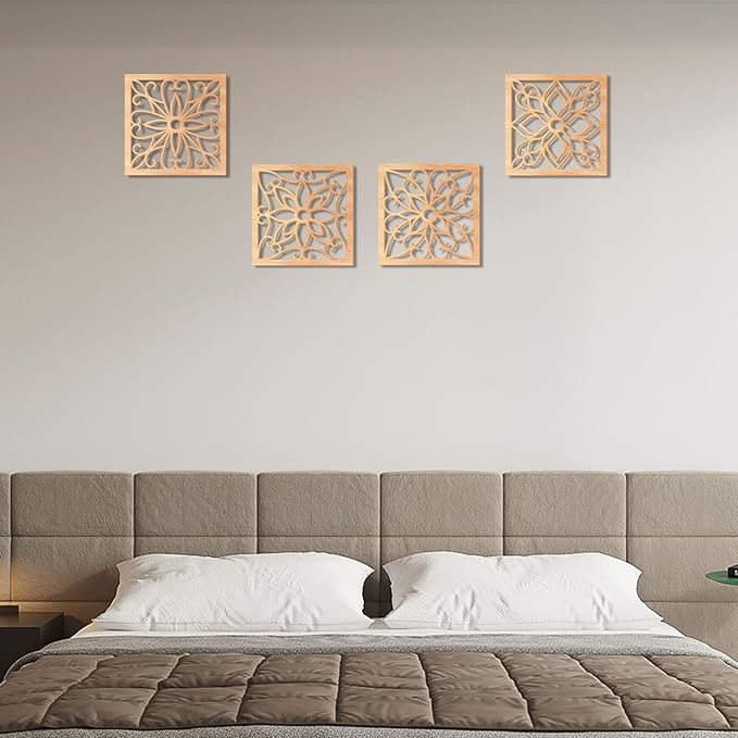 KOYILTD 4 Pieces Thicken Rustic Wall Decor,Flower Carved Wall Art,Wooden Hollow Carved Design(Square, 10in)