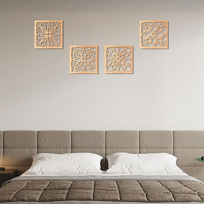 KOYILTD 4 Pieces Thicken Rustic Wall Decor,Flower Carved Wall Art,Wooden Hollow Carved Design(Square, 10in)