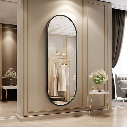 Black Oval Bathroom Full Length Mirror, 48x16'' Pill Shaped Oblong Vanity Wall Mirror, Metal Framed Capsule Aluminum Frame Decor Mirror for Living Room Vanity Bedroom Entryway