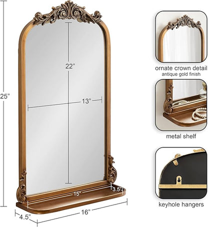 Kate and Laurel Arendahl Traditional Vintage Arch Mirror with Shelf, 16 x 25, Gold, Baroque Antique Arched Wall Mirror with Functional Shelf and Ornate Frame