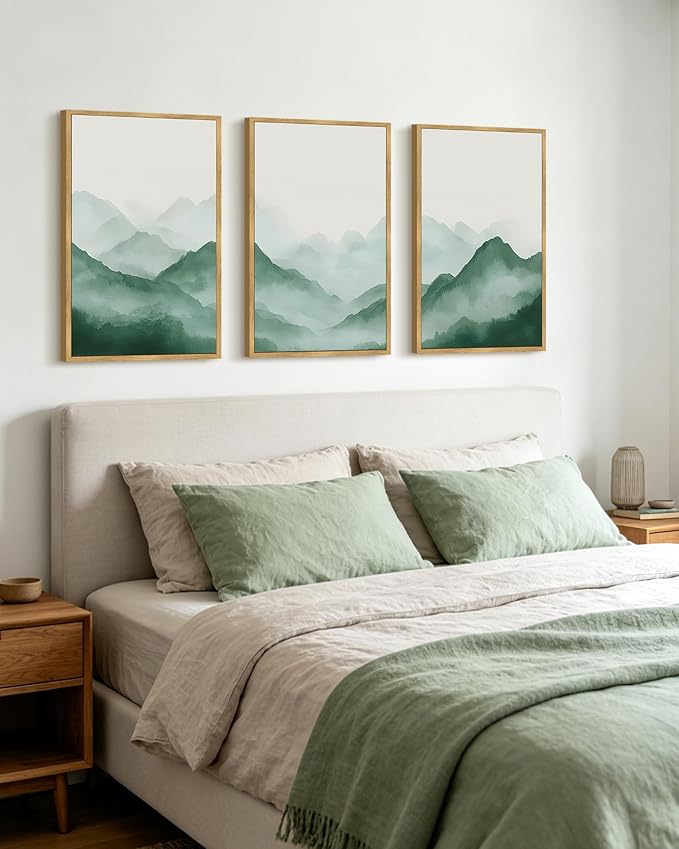 PHOPAGO Green Watercolor Fog Mountains Framed Wall Art Large 16x24in Vintage Nature Landscape Artwork Paints Boho Rustic Scenic Room Decor for Bedroom Hallway - Natural Framed