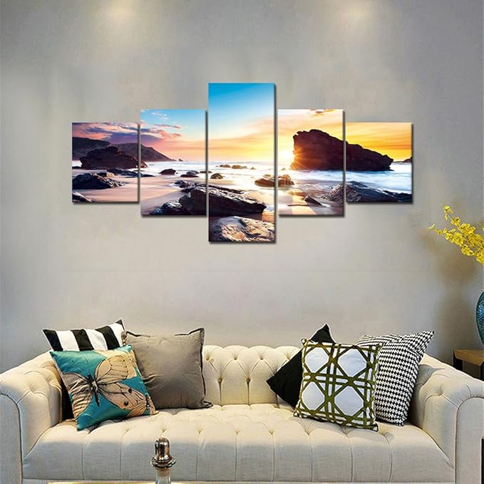 Sunset Beach Rocks Landscape Picture Modern Painting on Canvas 5 Panels Set Framed Wall Art for Living Room Bedroom Kitchen Home Decor Stretched Gallery Canvas Wrap Giclee Print (50''W x 24''H)