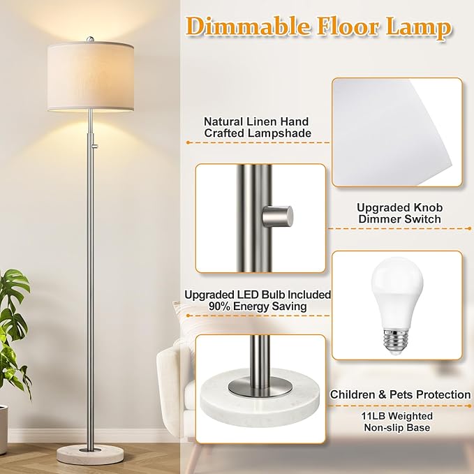 【Upgraded】 Dimmable Floor Lamp for Living Room, 11W LED Bulb Included, Modern Standing Lamp with Marble Base, Tall Pole Light with Linen Shade for Bedroom Reading Office Corner Nursery-Brushed Nickel