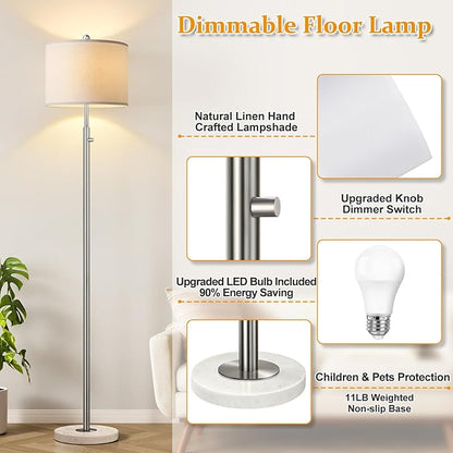 【Upgraded】 Dimmable Floor Lamp for Living Room, 11W LED Bulb Included, Modern Standing Lamp with Marble Base, Tall Pole Light with Linen Shade for Bedroom Reading Office Corner Nursery-Brushed Nickel