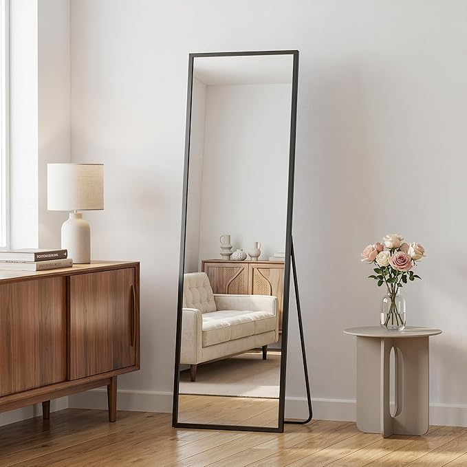 Antok 56''x15'' Full Length Mirror, Shatterproof HD Oversized Floor Mirror with Stand, Aluminum Alloy Frame Leaning Standing or Wall Mounted Mirror for Bedroom Living Room Entryway, Black