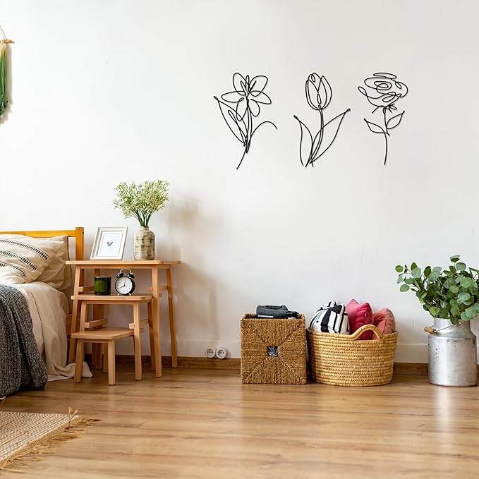 Ferraycle 3 Set of Metal Flower Wall Decor 9.84 x 5.91 Inch Mother's Day Metal Wall Ornament Art Black Minimalist Wire Signs for Bedroom Patio Balcony Bathroom Office Restaurant Shop Presents Gifts