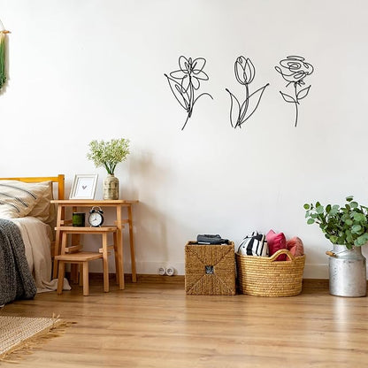 Ferraycle 3 Set of Metal Flower Wall Decor 9.84 x 5.91 Inch Mother's Day Metal Wall Ornament Art Black Minimalist Wire Signs for Bedroom Patio Balcony Bathroom Office Restaurant Shop Presents Gifts