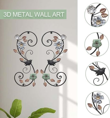 Birminwind 3D Metal Flower Wall Art: 2pcs Vintage Floral Wall Décor with Leaves Bird for Room - 15.16" Black and Gold Iron Decoration Indoor Outdoor