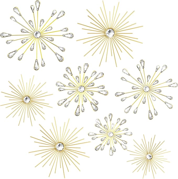 Blulu 8 Pcs Gold Metal Wall Art Cast Iron Starburst Wall Decor Bling Crystal Sculptures Living Room 3D Teardrop Radial Rhinestone Hanging Diamond Accents for Home Office Bedroom Entryway