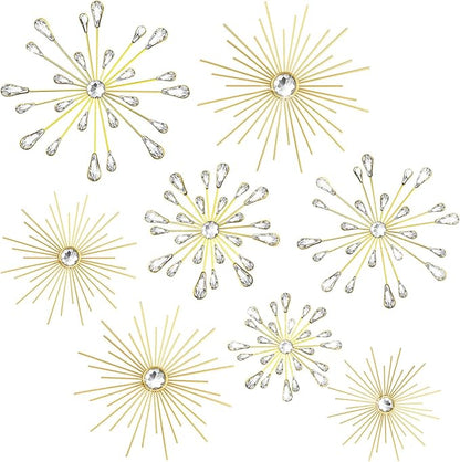 Blulu 8 Pcs Gold Metal Wall Art Cast Iron Starburst Wall Decor Bling Crystal Sculptures Living Room 3D Teardrop Radial Rhinestone Hanging Diamond Accents for Home Office Bedroom Entryway