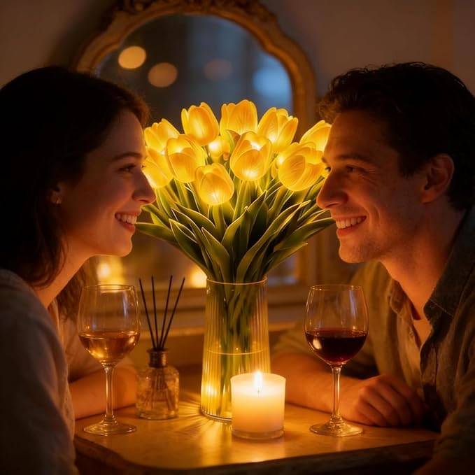 Radiant Romantic Tulip Night Light,15 PCS Twinkling Artificial Flower Shaped Ambient Night Lamp,Women LED Lighted Tulips Tree that Never Fade for Bedroom Bedside Bouquet Decor (White(Without Vase))