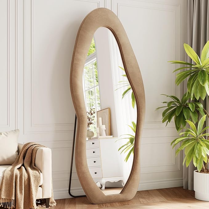 Full Length Mirror, 71"x30" Full Body Mirrors, Flannel Floor Mirrors with Stand, Irregular Wavy Mirror Hanging or Leaning Against Wall for Bedroom Living Room, Brown