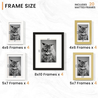 Venusmiles 20 Pack Picture Frames Collage Wall Decor, Gallery Frame Set for Wall Mounting or Tabletop Display, Multi Sizes Including 4pcs 8x10, 8pcs 5x7, 8pcs 4x6, Black+White+Gold