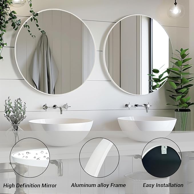 Sunniry White Circle Mirror, Round Mirror 20 inch, White Round Mirrors Matte Metal Frame, Circle Mirrors for Bathroom, Bedroom, Living Room, Hallway.
