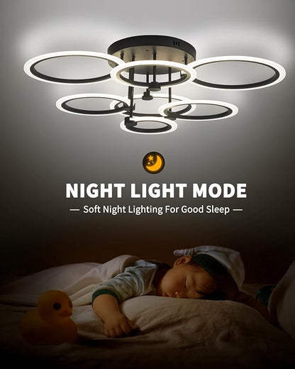 Modern LED Ceiling Light 7 Rings Dimmable Fixtures with Remote Black Close to Ceiling Light 31.8" 130W 3000K-6500K Flush Mount Ceiling Lamp for Living Room,Bedroom,Kitchen