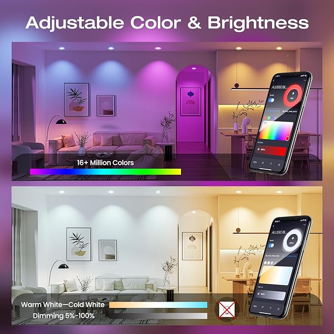 ALUSSO 6 inch LED Can Lights 12W 1100LM 6 Pack, 5CCT 2700K/3000K/4000K/5000K/6000K Selectable, Recessed Lighting Dimmable, RGB Color Changing Bluetooth Downllight Compatible, White