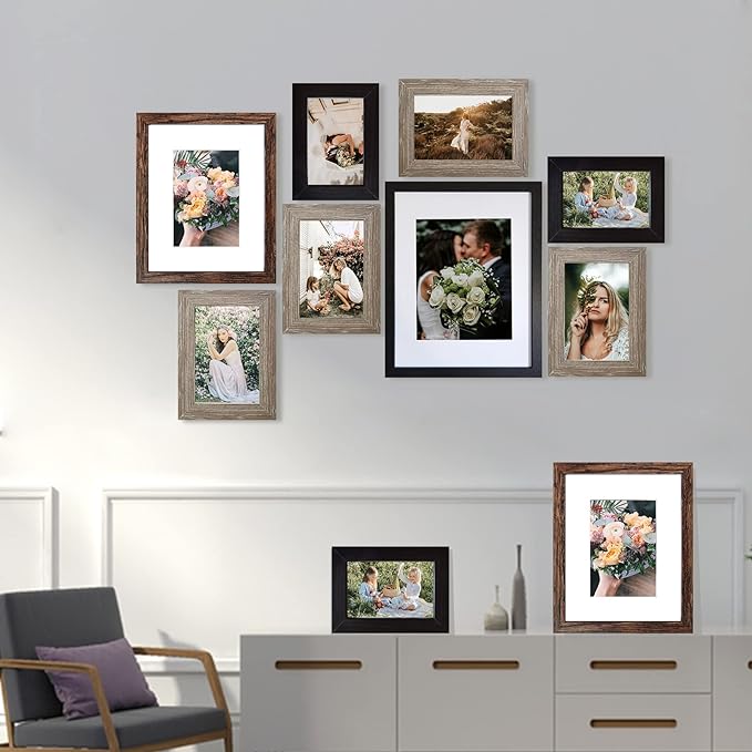 SESEAT Picture Frames Collage, Gallery Wall Frame Set with 11x14 8x10 5x7 4x6 Frames in 3 Different Finishes, Set of 10