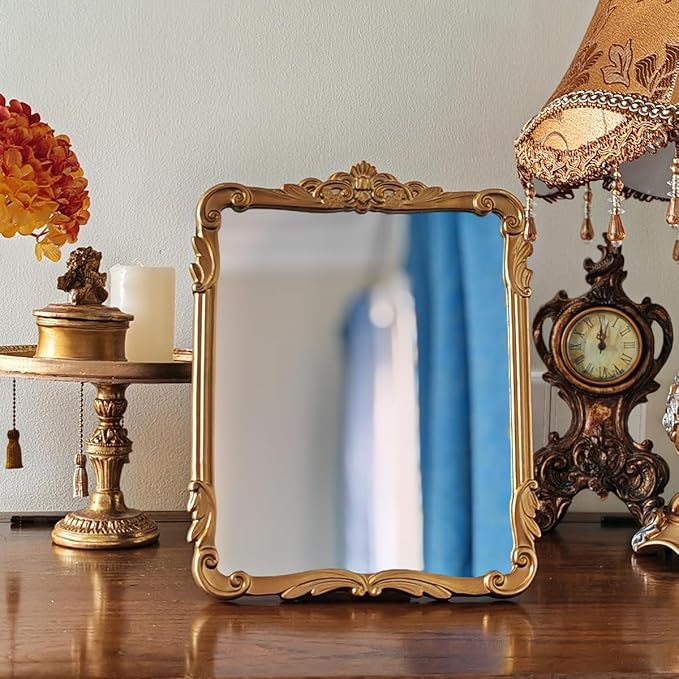 SIKOO 8x10 Inch Vintage Mirror Bronze Decorative Wall Mirror Makeup Mirror for Table Antique Home Decor Ornate Brass Arch Wall Art Resin and Premium Glass