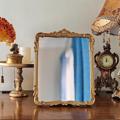 SIKOO 8x10 Inch Vintage Mirror Bronze Decorative Wall Mirror Makeup Mirror for Table Antique Home Decor Ornate Brass Arch Wall Art Resin and Premium Glass