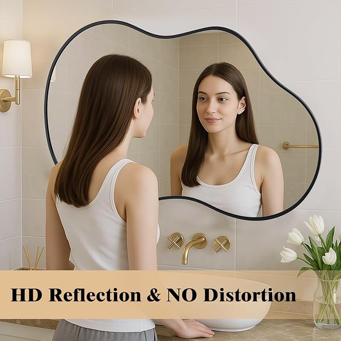 WEER Irregular Wall Mirror, 26x46 inch Black Asymmetrical Wall Mounted Decorative Mirror, Abstract Wavy Aluminum Alloy Frame for Bathroom, Bedroom, Living Room, Entryway
