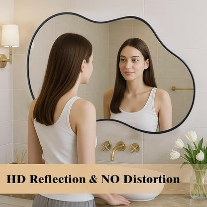 WEER Irregular Wall Mirror, 26x46 inch Black Asymmetrical Wall Mounted Decorative Mirror, Abstract Wavy Aluminum Alloy Frame for Bathroom, Bedroom, Living Room, Entryway