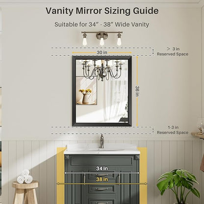 Briivue 36x30 Inch Black Bathroom Mirror for Wall, Thick Metal Framed Rectangle Mirrors for Over Sink, Bedroom, Living Room, Entryway, Anti-Rust, HD Tempered Glass