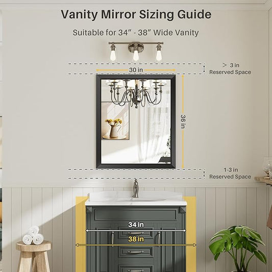 Briivue 36x30 Inch Black Bathroom Mirror for Wall, Thick Metal Framed Rectangle Mirrors for Over Sink, Bedroom, Living Room, Entryway, Anti-Rust, HD Tempered Glass